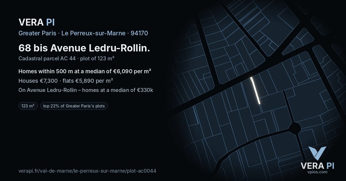 68 bis Avenue Ledru-Rollin, Le Perreux-sur-Marne at night – the plot lit, the parcels around coloured by the prices near them