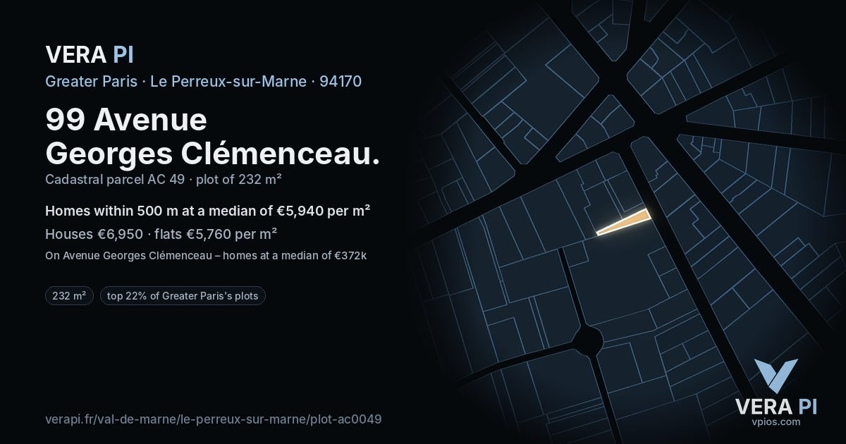 99 Avenue Georges Clémenceau, Le Perreux-sur-Marne at night – the plot lit, the parcels around coloured by the prices near them