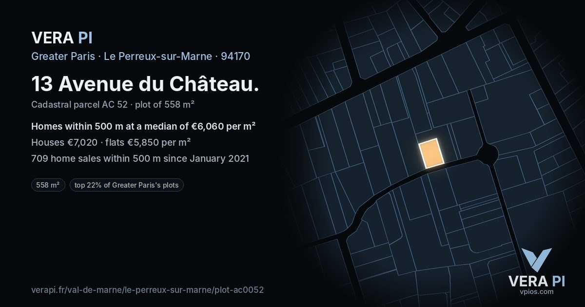 13 Avenue du Château, Le Perreux-sur-Marne at night – the plot lit, the parcels around coloured by the prices near them