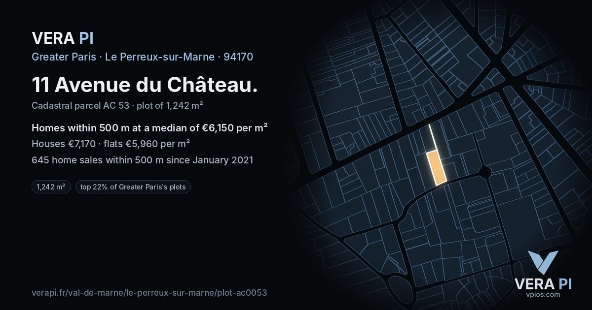 11 Avenue du Château, Le Perreux-sur-Marne at night – the plot lit, the parcels around coloured by the prices near them