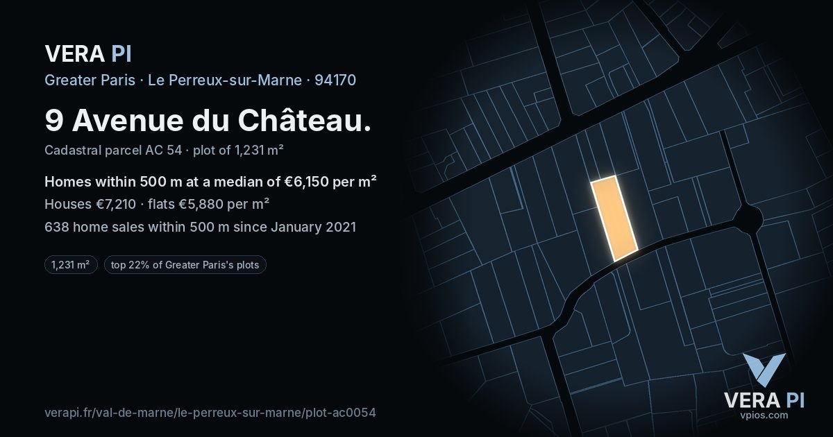 9 Avenue du Château, Le Perreux-sur-Marne at night – the plot lit, the parcels around coloured by the prices near them