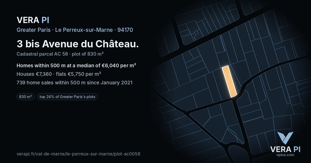 3 bis Avenue du Château, Le Perreux-sur-Marne at night – the plot lit, the parcels around coloured by the prices near them