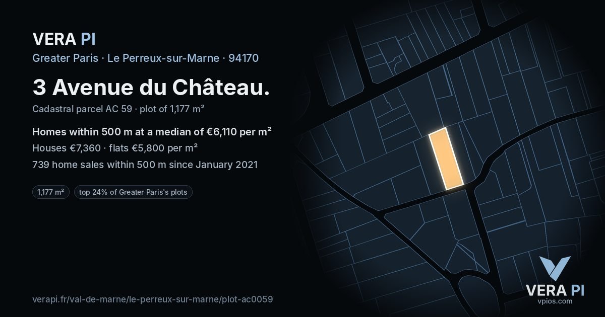 3 Avenue du Château, Le Perreux-sur-Marne at night – the plot lit, the parcels around coloured by the prices near them