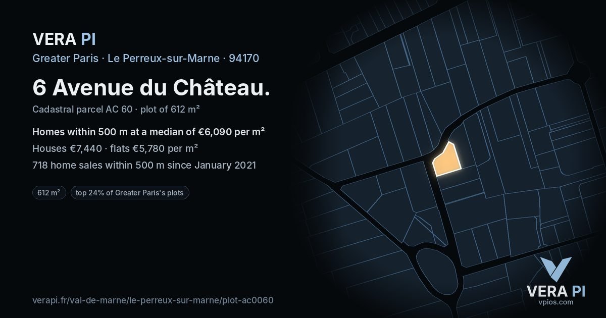 6 Avenue du Château, Le Perreux-sur-Marne at night – the plot lit, the parcels around coloured by the prices near them