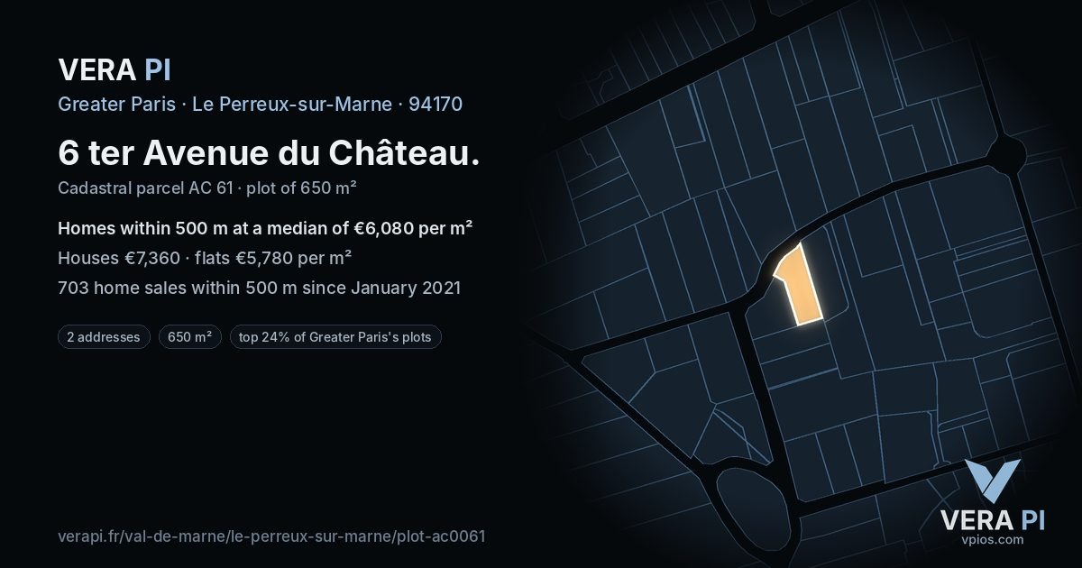 6 ter Avenue du Château, Le Perreux-sur-Marne at night – the plot lit, the parcels around coloured by the prices near them