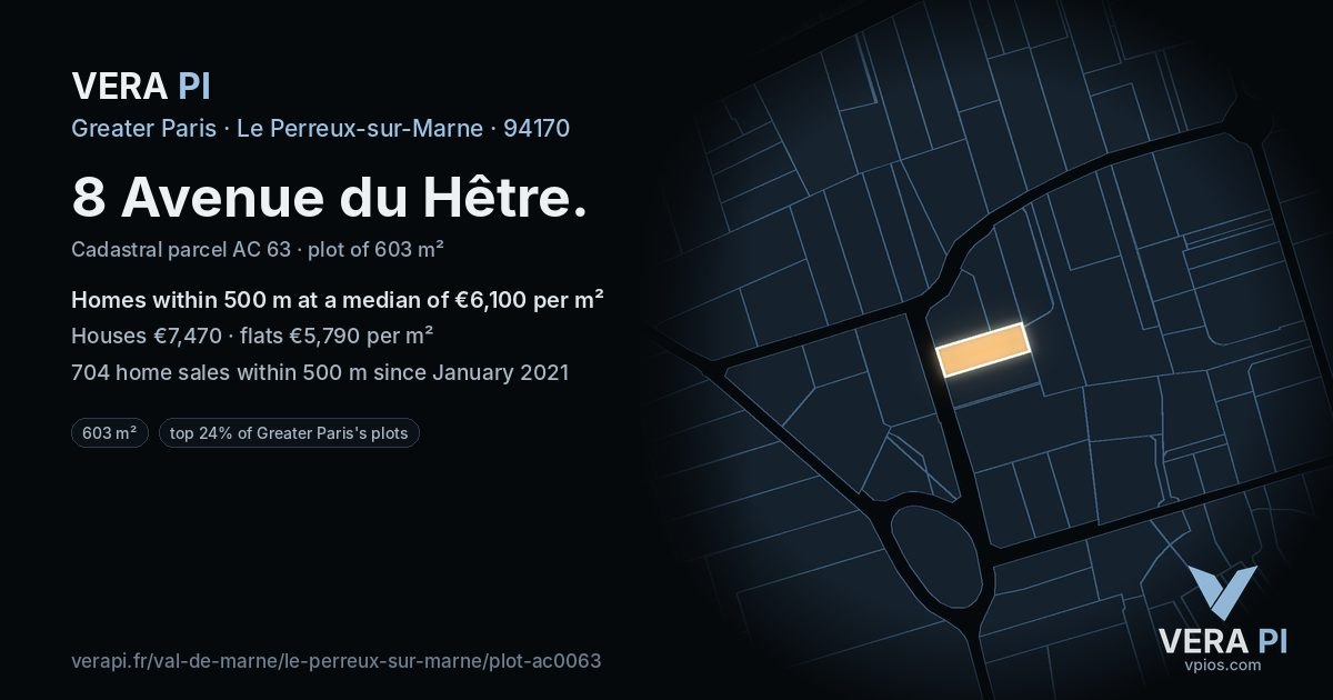 8 Avenue du Hêtre, Le Perreux-sur-Marne at night – the plot lit, the parcels around coloured by the prices near them