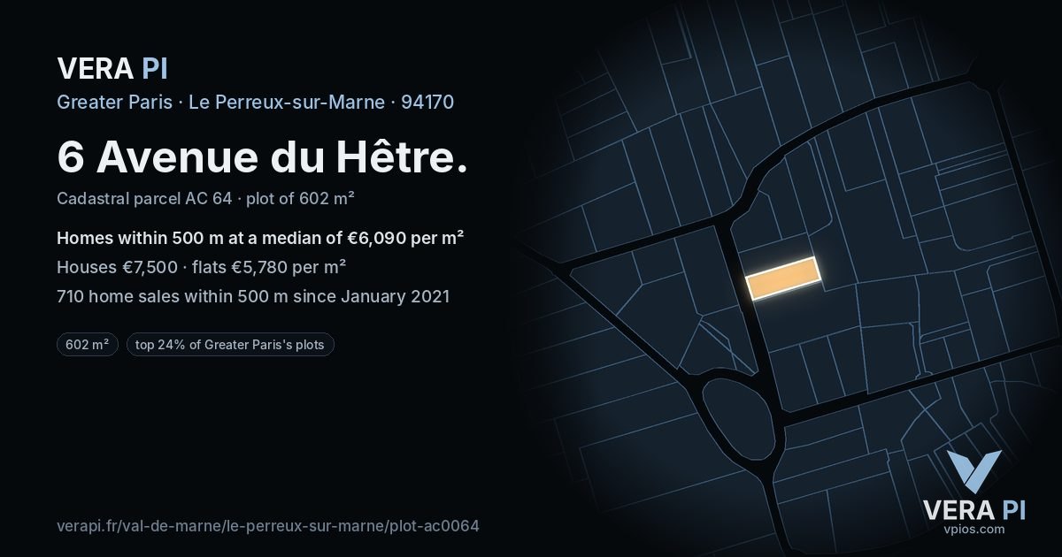 6 Avenue du Hêtre, Le Perreux-sur-Marne at night – the plot lit, the parcels around coloured by the prices near them