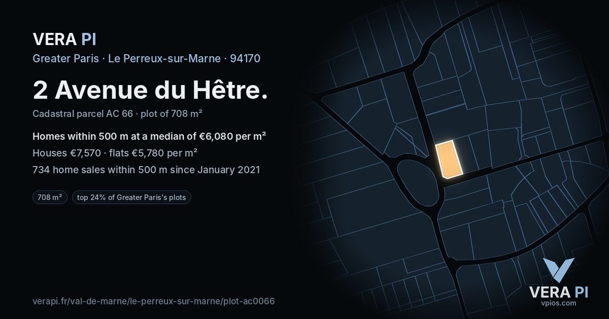 2 Avenue du Hêtre, Le Perreux-sur-Marne at night – the plot lit, the parcels around coloured by the prices near them