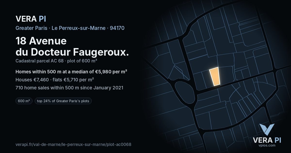 18 Avenue du Docteur Faugeroux, Le Perreux-sur-Marne at night – the plot lit, the parcels around coloured by the prices near them