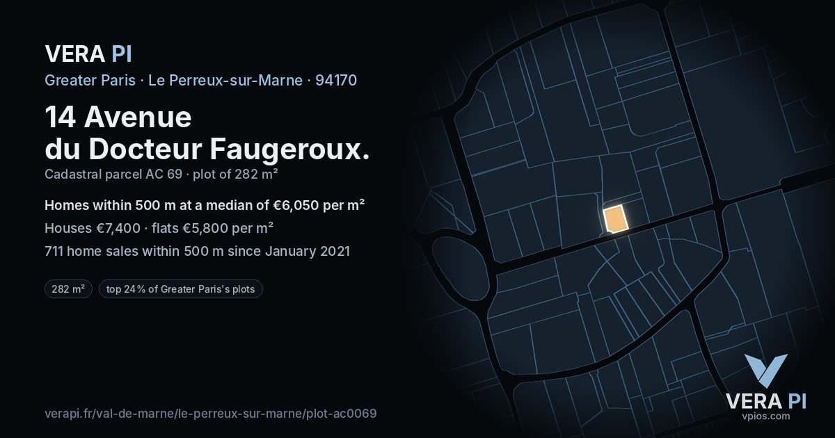 14 Avenue du Docteur Faugeroux, Le Perreux-sur-Marne at night – the plot lit, the parcels around coloured by the prices near them