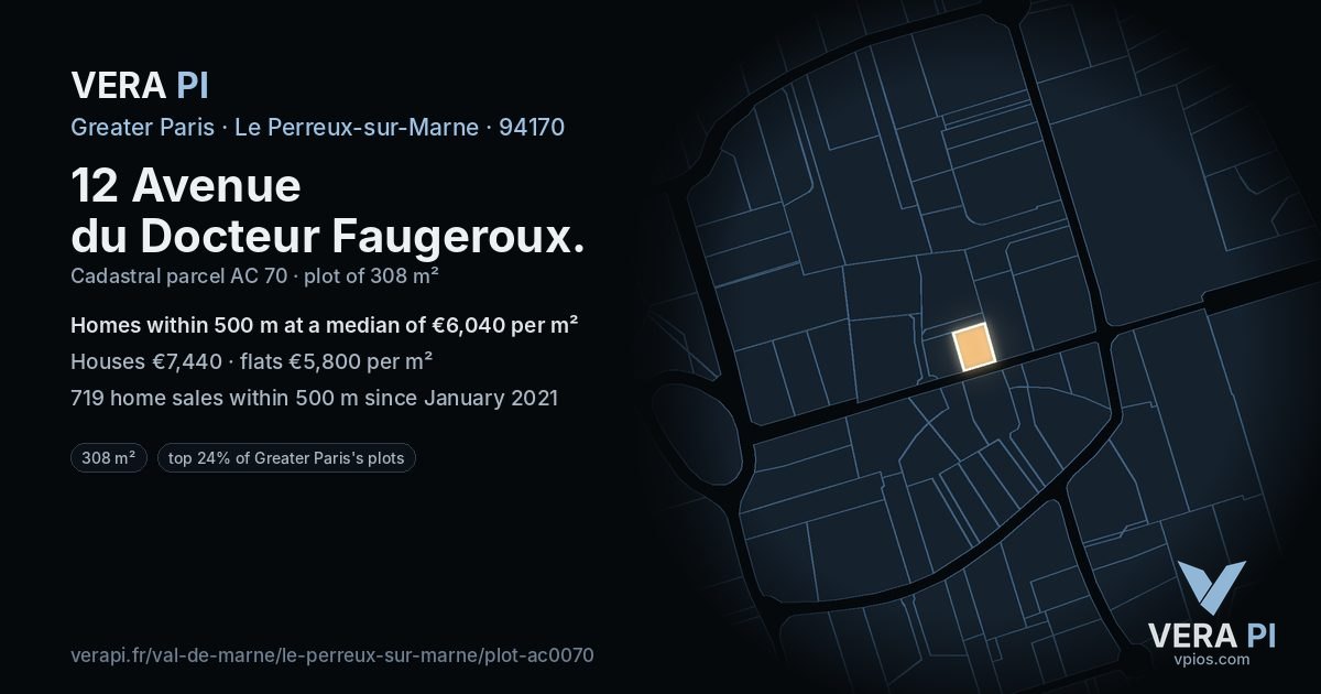 12 Avenue du Docteur Faugeroux, Le Perreux-sur-Marne at night – the plot lit, the parcels around coloured by the prices near them
