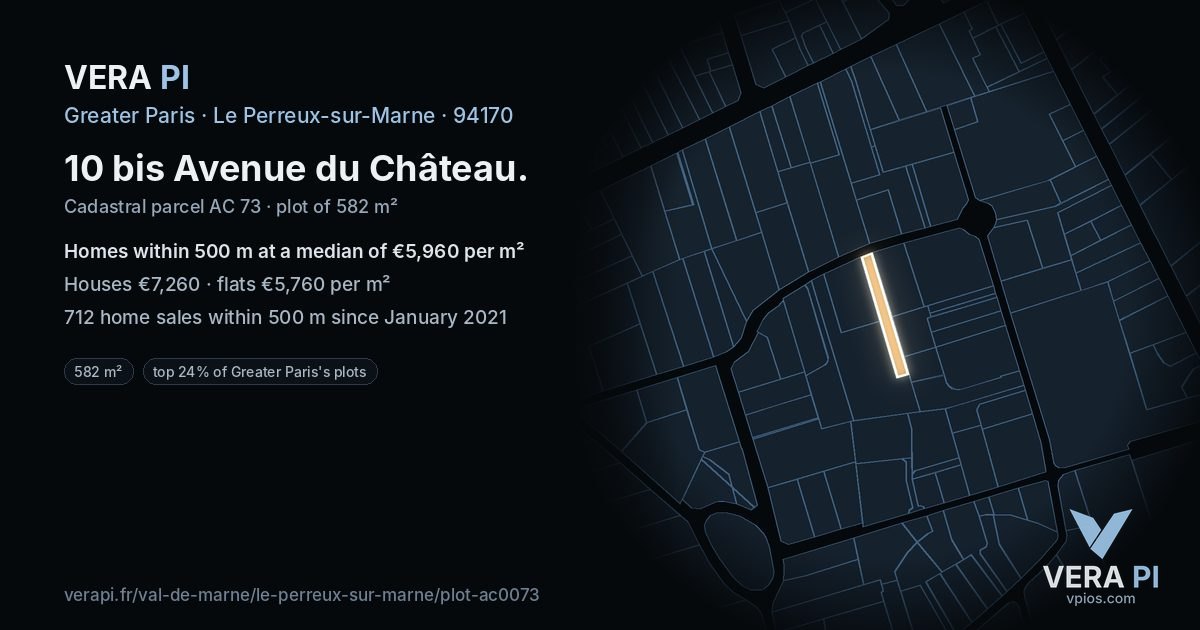 10 bis Avenue du Château, Le Perreux-sur-Marne at night – the plot lit, the parcels around coloured by the prices near them