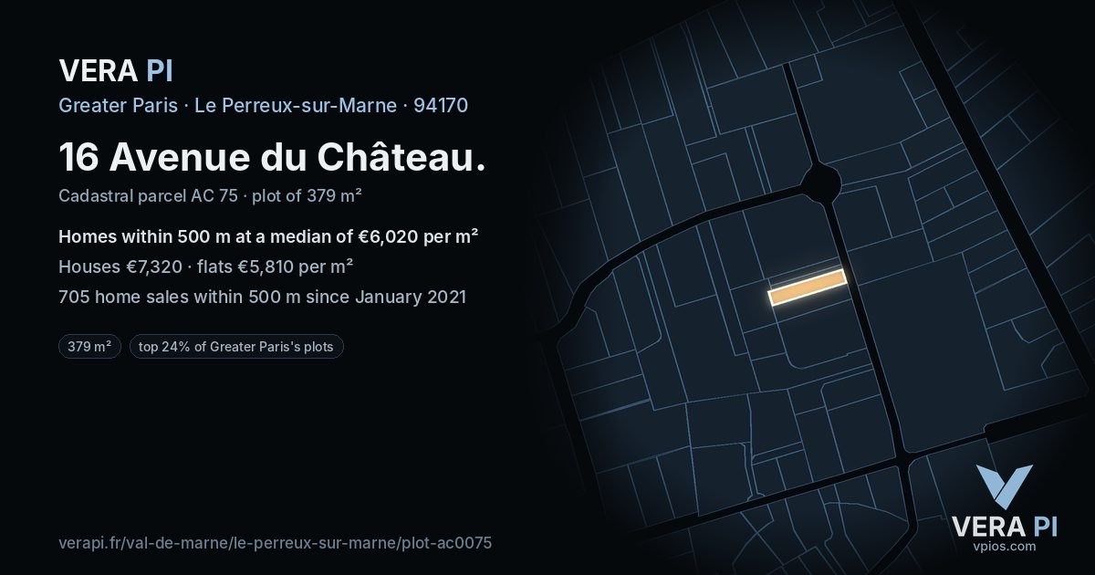 16 Avenue du Château, Le Perreux-sur-Marne at night – the plot lit, the parcels around coloured by the prices near them