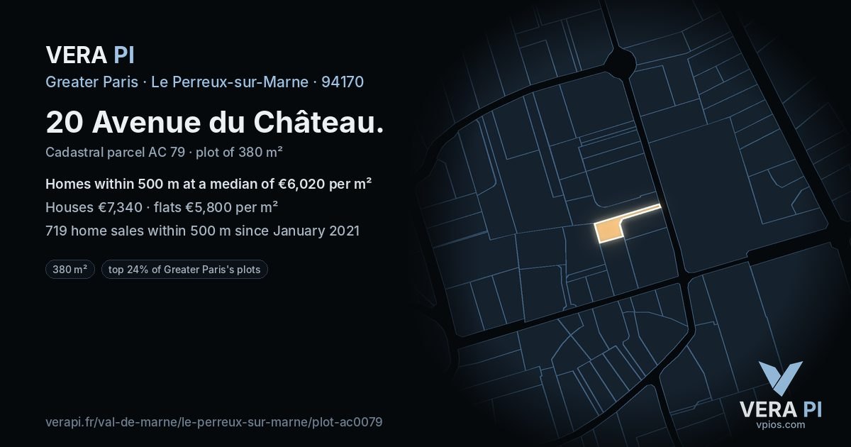 20 Avenue du Château, Le Perreux-sur-Marne at night – the plot lit, the parcels around coloured by the prices near them