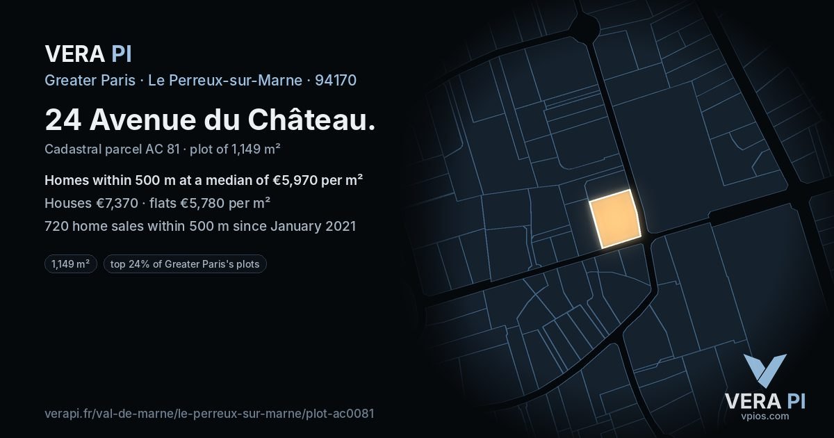 24 Avenue du Château, Le Perreux-sur-Marne at night – the plot lit, the parcels around coloured by the prices near them