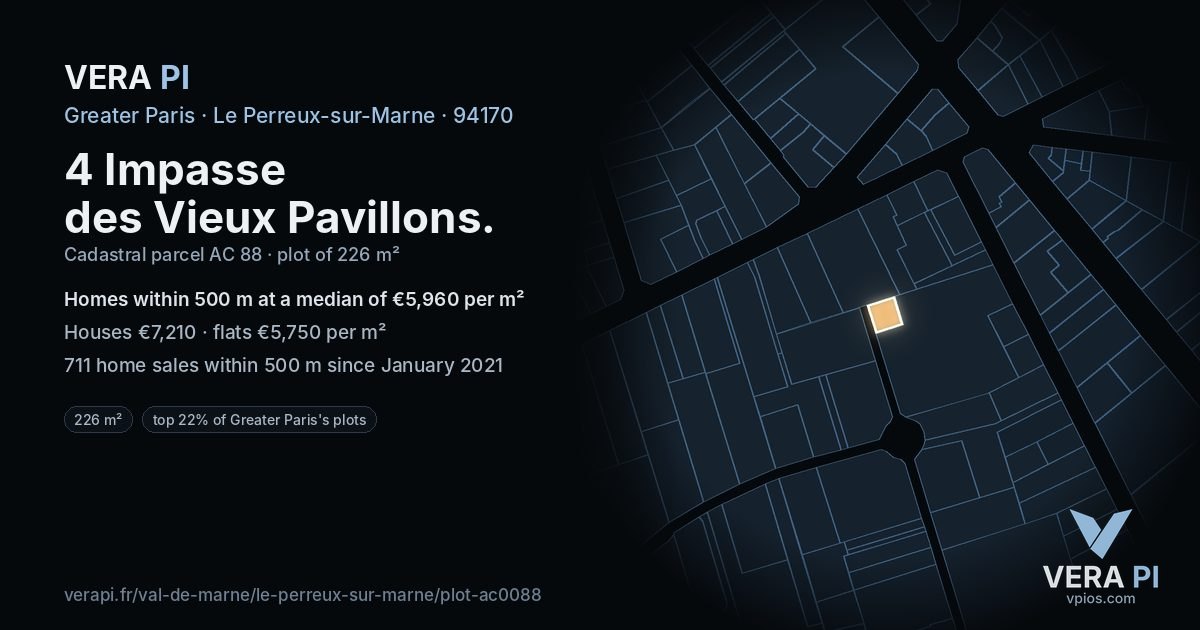 4 Impasse des Vieux Pavillons, Le Perreux-sur-Marne at night – the plot lit, the parcels around coloured by the prices near them