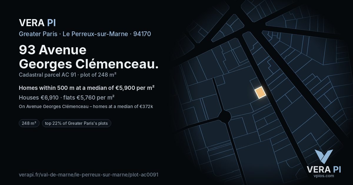93 Avenue Georges Clémenceau, Le Perreux-sur-Marne at night – the plot lit, the parcels around coloured by the prices near them