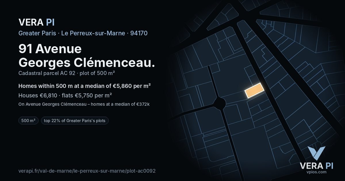 91 Avenue Georges Clémenceau, Le Perreux-sur-Marne at night – the plot lit, the parcels around coloured by the prices near them