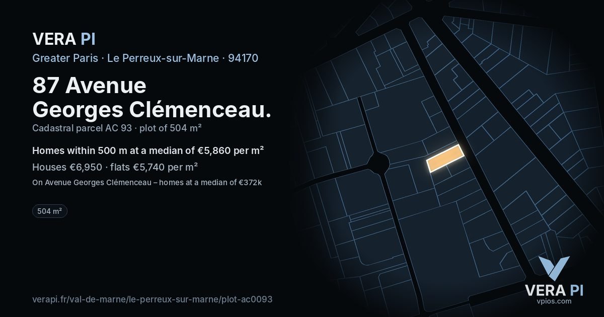 87 Avenue Georges Clémenceau, Le Perreux-sur-Marne at night – the plot lit, the parcels around coloured by the prices near them