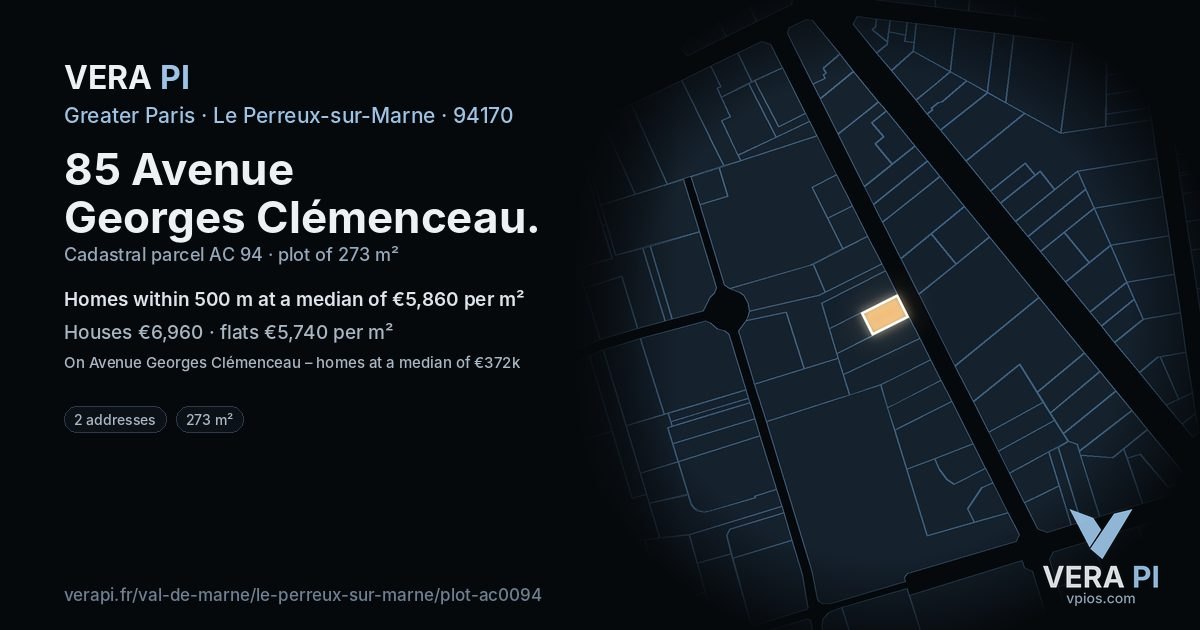 85 Avenue Georges Clémenceau, Le Perreux-sur-Marne at night – the plot lit, the parcels around coloured by the prices near them