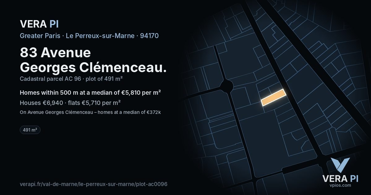 83 Avenue Georges Clémenceau, Le Perreux-sur-Marne at night – the plot lit, the parcels around coloured by the prices near them