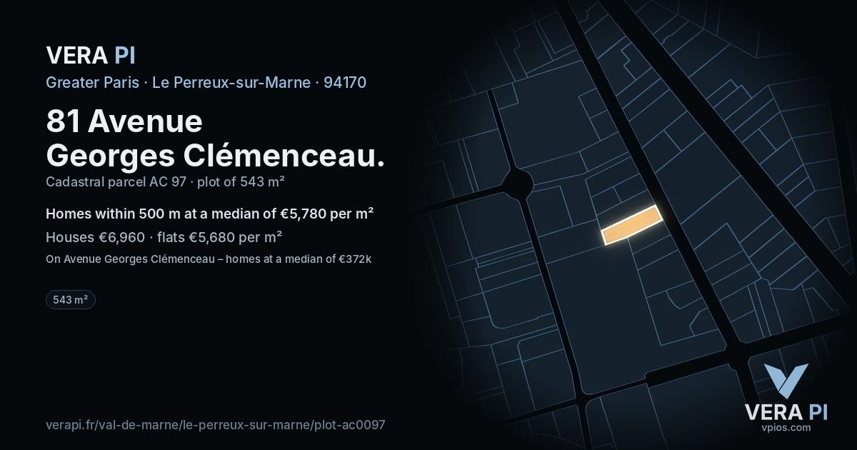 81 Avenue Georges Clémenceau, Le Perreux-sur-Marne at night – the plot lit, the parcels around coloured by the prices near them