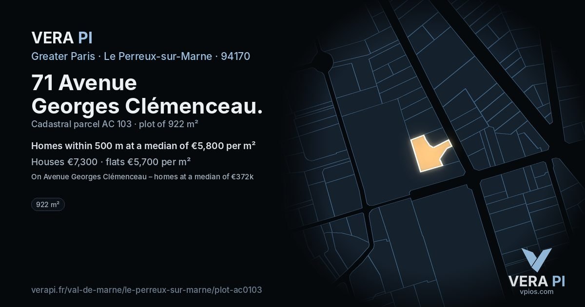 71 Avenue Georges Clémenceau, Le Perreux-sur-Marne at night – the plot lit, the parcels around coloured by the prices near them