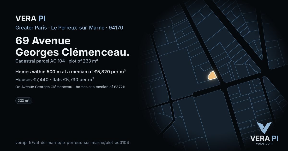 69 Avenue Georges Clémenceau, Le Perreux-sur-Marne at night – the plot lit, the parcels around coloured by the prices near them