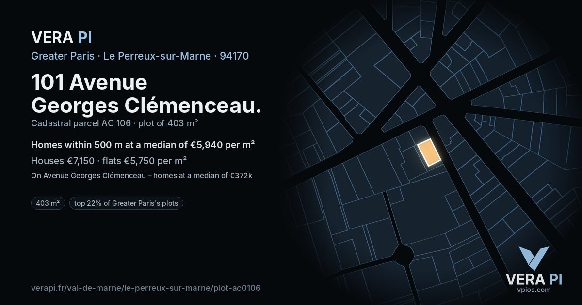 101 Avenue Georges Clémenceau, Le Perreux-sur-Marne at night – the plot lit, the parcels around coloured by the prices near them