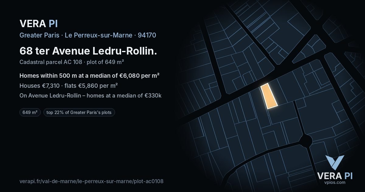 68 ter Avenue Ledru-Rollin, Le Perreux-sur-Marne at night – the plot lit, the parcels around coloured by the prices near them