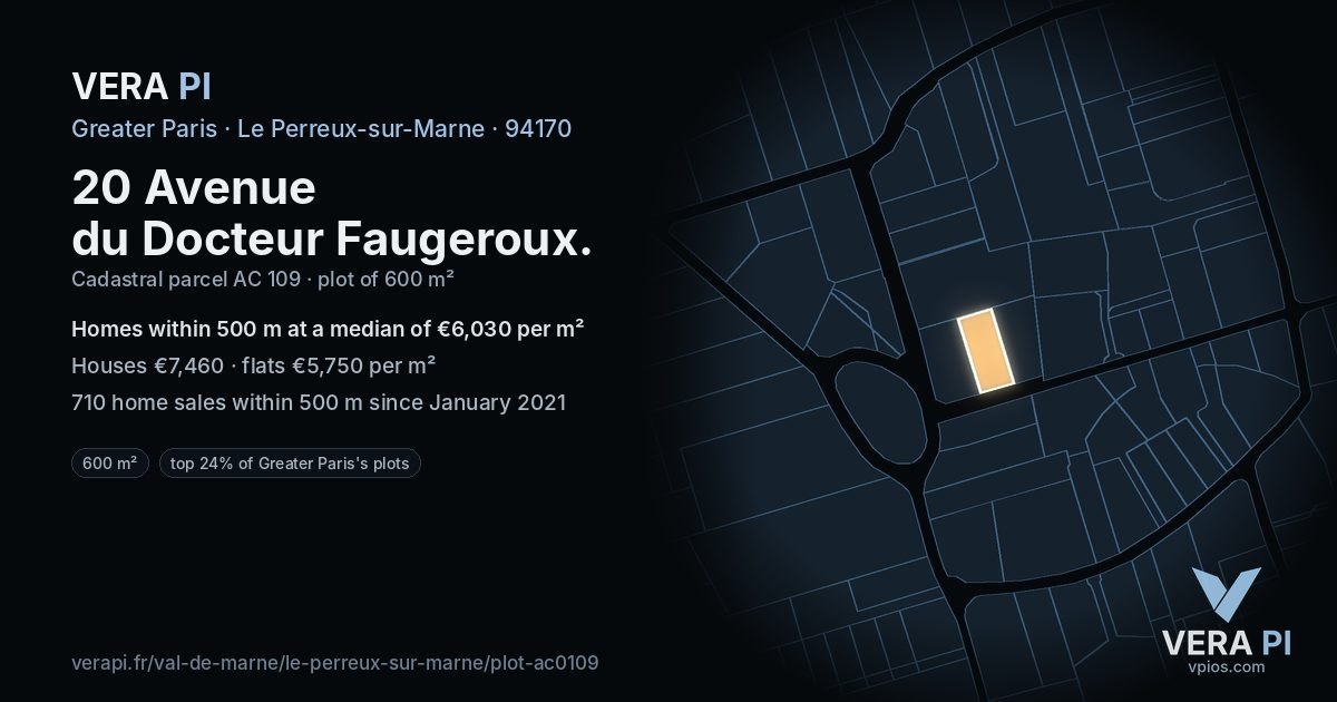 20 Avenue du Docteur Faugeroux, Le Perreux-sur-Marne at night – the plot lit, the parcels around coloured by the prices near them