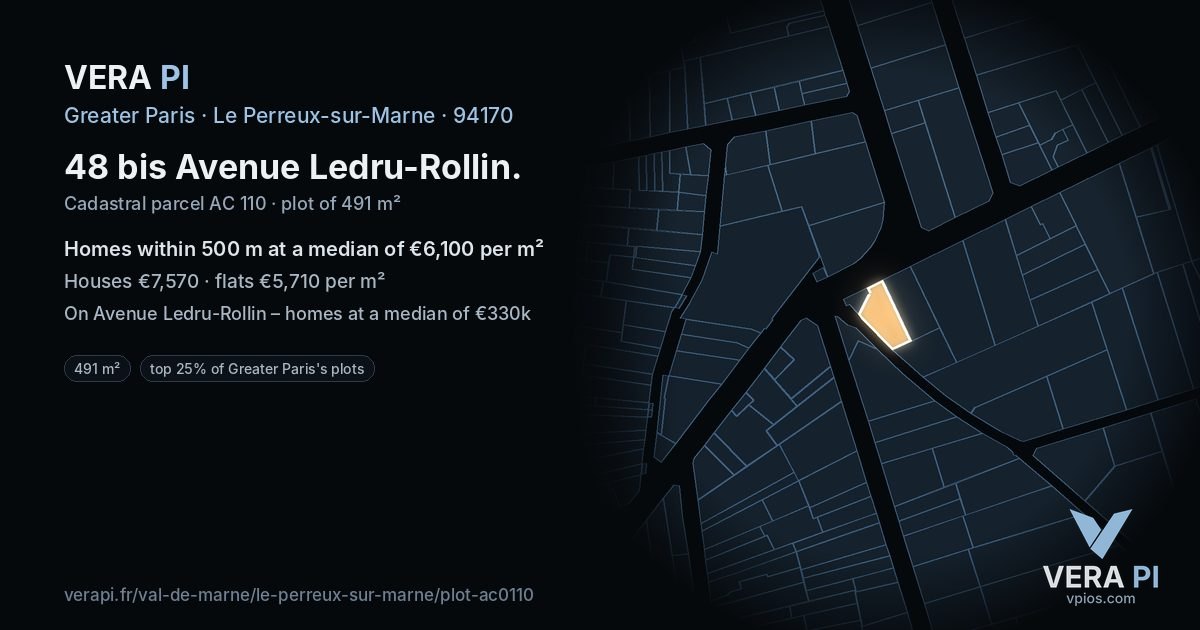 48 bis Avenue Ledru-Rollin, Le Perreux-sur-Marne at night – the plot lit, the parcels around coloured by the prices near them