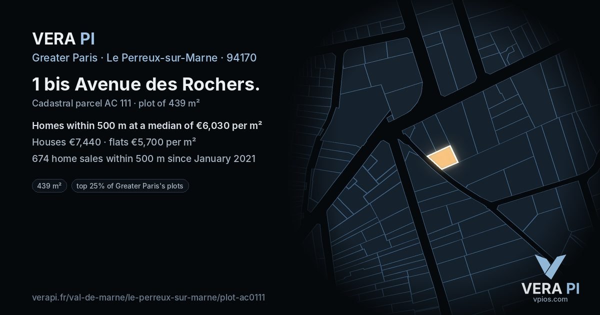 1 bis Avenue des Rochers, Le Perreux-sur-Marne at night – the plot lit, the parcels around coloured by the prices near them