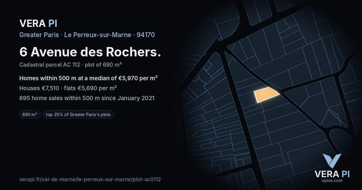 6 Avenue des Rochers, Le Perreux-sur-Marne at night – the plot lit, the parcels around coloured by the prices near them
