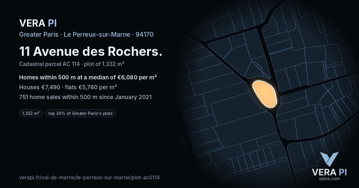 11 Avenue des Rochers, Le Perreux-sur-Marne at night – the plot lit, the parcels around coloured by the prices near them