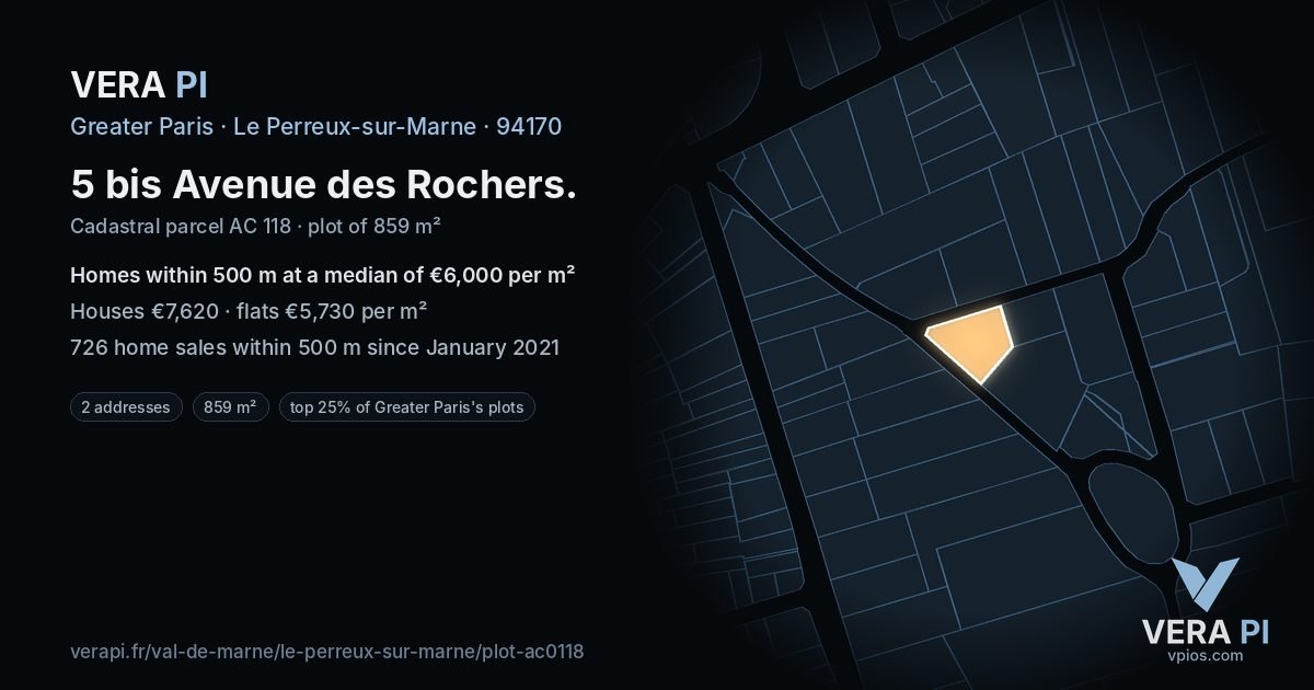 5 bis Avenue des Rochers, Le Perreux-sur-Marne at night – the plot lit, the parcels around coloured by the prices near them