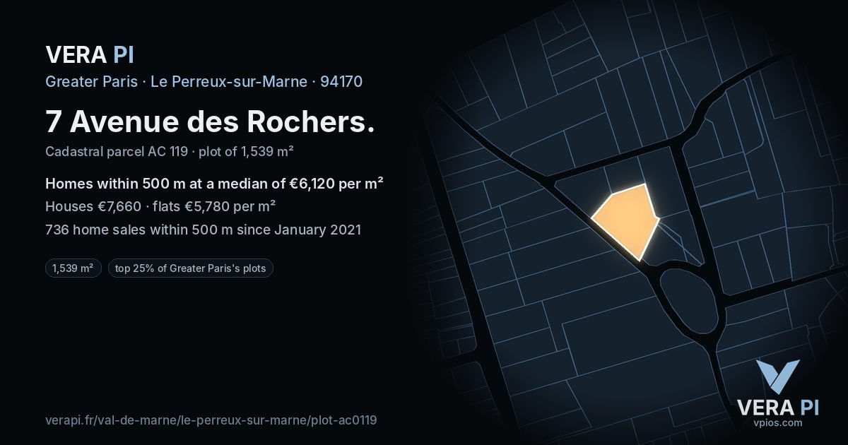 7 Avenue des Rochers, Le Perreux-sur-Marne at night – the plot lit, the parcels around coloured by the prices near them