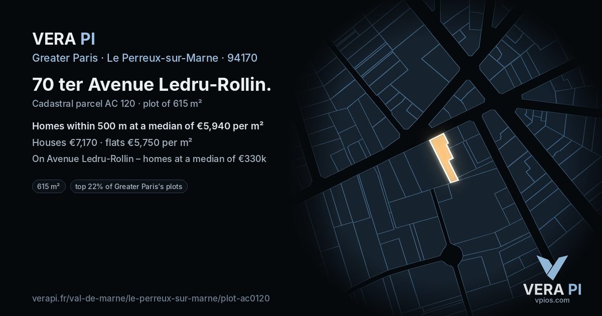 70 ter Avenue Ledru-Rollin, Le Perreux-sur-Marne at night – the plot lit, the parcels around coloured by the prices near them