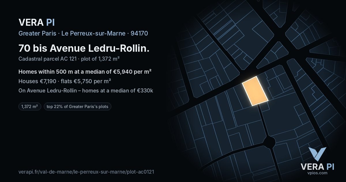 70 bis Avenue Ledru-Rollin, Le Perreux-sur-Marne at night – the plot lit, the parcels around coloured by the prices near them