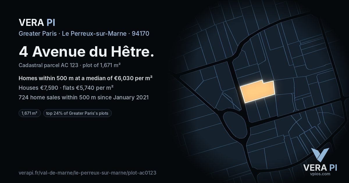 4 Avenue du Hêtre, Le Perreux-sur-Marne at night – the plot lit, the parcels around coloured by the prices near them