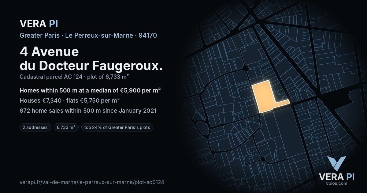 4 Avenue du Docteur Faugeroux, Le Perreux-sur-Marne at night – the plot lit, the parcels around coloured by the prices near them