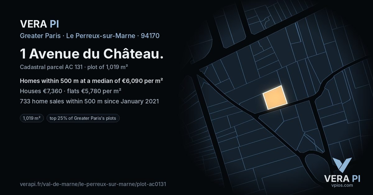 1 Avenue du Château, Le Perreux-sur-Marne at night – the plot lit, the parcels around coloured by the prices near them