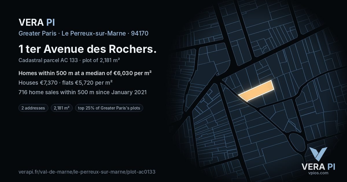 1 ter Avenue des Rochers, Le Perreux-sur-Marne at night – the plot lit, the parcels around coloured by the prices near them