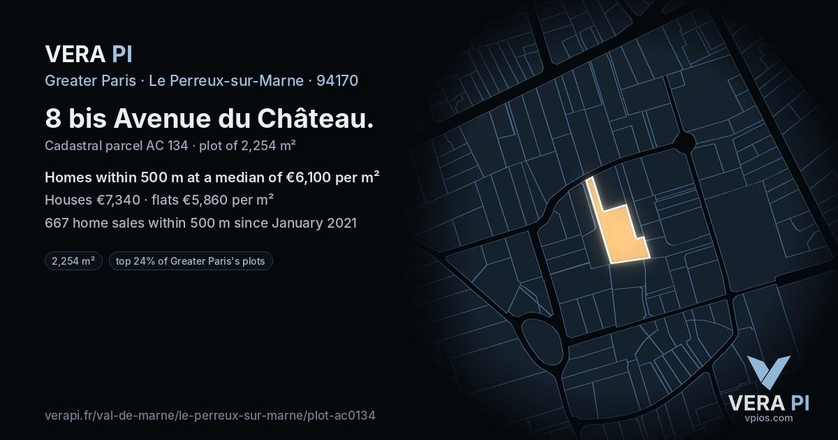 8 bis Avenue du Château, Le Perreux-sur-Marne at night – the plot lit, the parcels around coloured by the prices near them