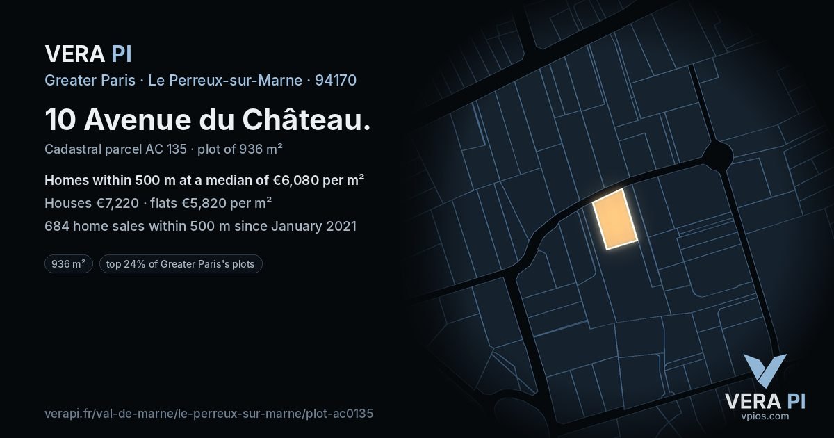 10 Avenue du Château, Le Perreux-sur-Marne at night – the plot lit, the parcels around coloured by the prices near them