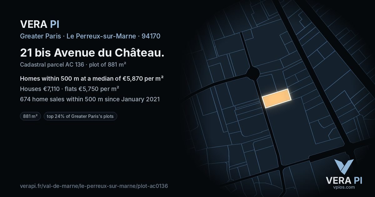 21 bis Avenue du Château, Le Perreux-sur-Marne at night – the plot lit, the parcels around coloured by the prices near them