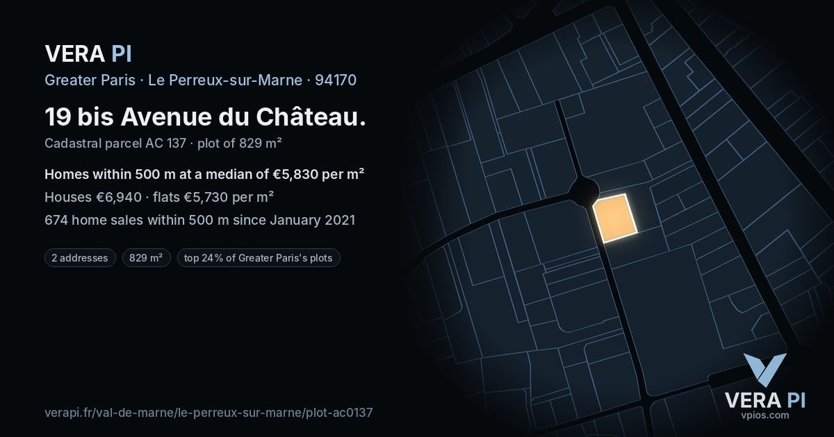 19 bis Avenue du Château, Le Perreux-sur-Marne at night – the plot lit, the parcels around coloured by the prices near them