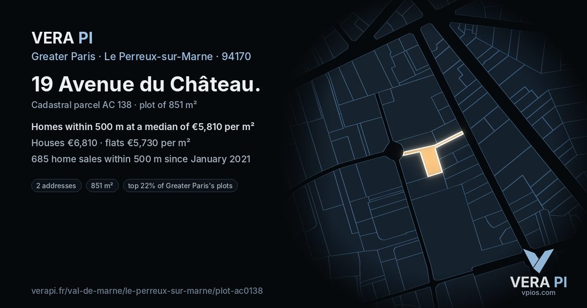 19 Avenue du Château, Le Perreux-sur-Marne at night – the plot lit, the parcels around coloured by the prices near them