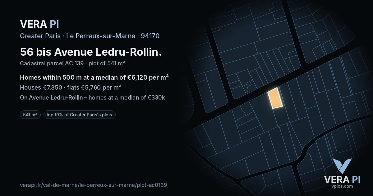 56 bis Avenue Ledru-Rollin, Le Perreux-sur-Marne at night – the plot lit, the parcels around coloured by the prices near them