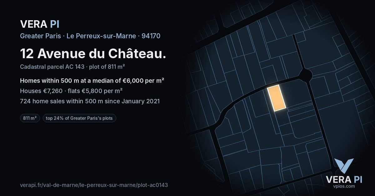 12 Avenue du Château, Le Perreux-sur-Marne at night – the plot lit, the parcels around coloured by the prices near them